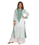 Ada Hand Embroidered Sea Green Faux Georgette Lucknow Chikan Kurti