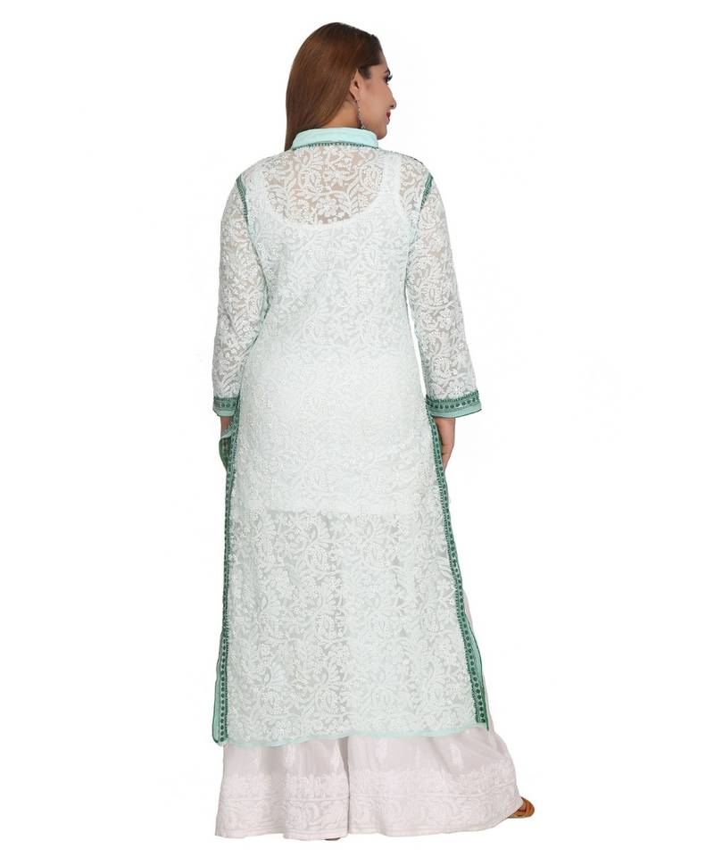 Ada Hand Embroidered Sea Green Faux Georgette Lucknow Chikan Kurti
