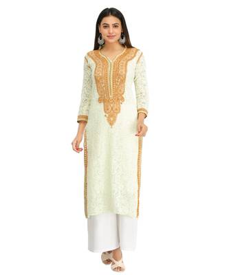 Ada Hand Embroidered Yellow Faux Georgette Lucknow Chikan Kurti 1