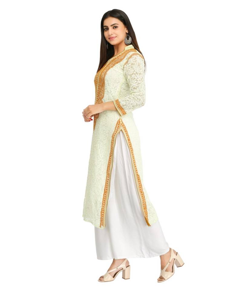Ada Hand Embroidered Yellow Faux Georgette Lucknow Chikan Kurti