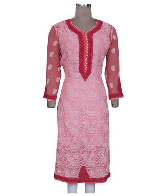 Ada Hand Embroidered Carrot Pink Faux Georgette Lucknowi Chikan Kurti 1