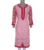 Ada Hand Embroidered Carrot Pink Faux Georgette Lucknowi Chikan Kurti