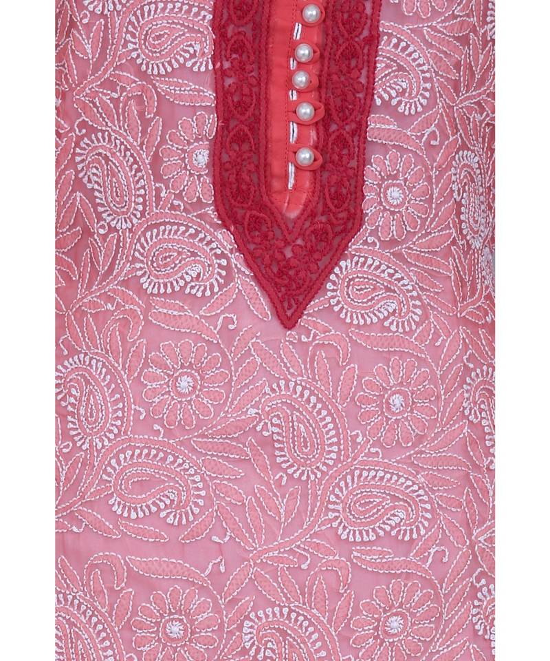Ada Hand Embroidered Carrot Pink Faux Georgette Lucknowi Chikan Kurti