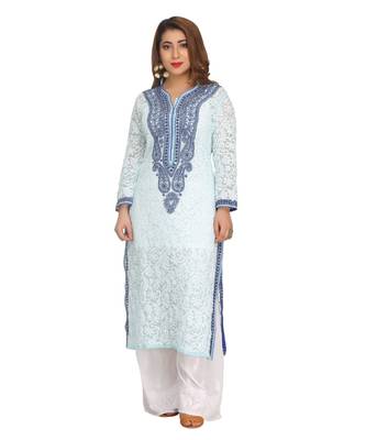 Ada Hand Embroidered Blue Faux Georgette Lucknow Chikan Kurti 1