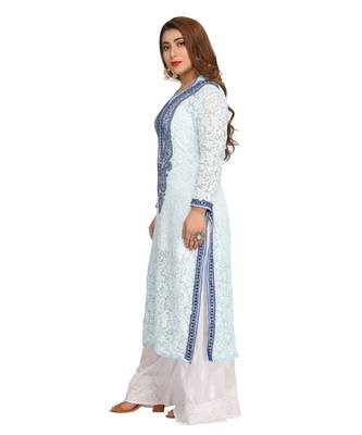 Ada Hand Embroidered Blue Faux Georgette Lucknow Chikan Kurti 3