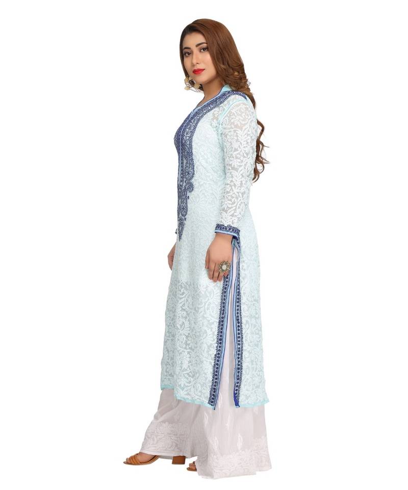 Ada Hand Embroidered Blue Faux Georgette Lucknow Chikan Kurti