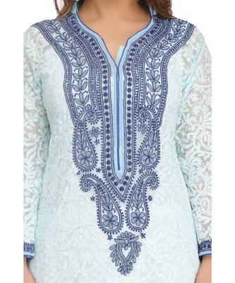 Ada Hand Embroidered Blue Faux Georgette Lucknow Chikan Kurti 4