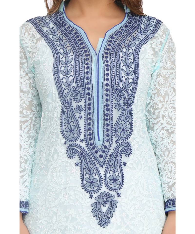 Ada Hand Embroidered Blue Faux Georgette Lucknow Chikan Kurti