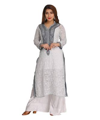 Ada Hand Embroidered Grey Faux Georgette Lucknowi Chikan Kurti 1
