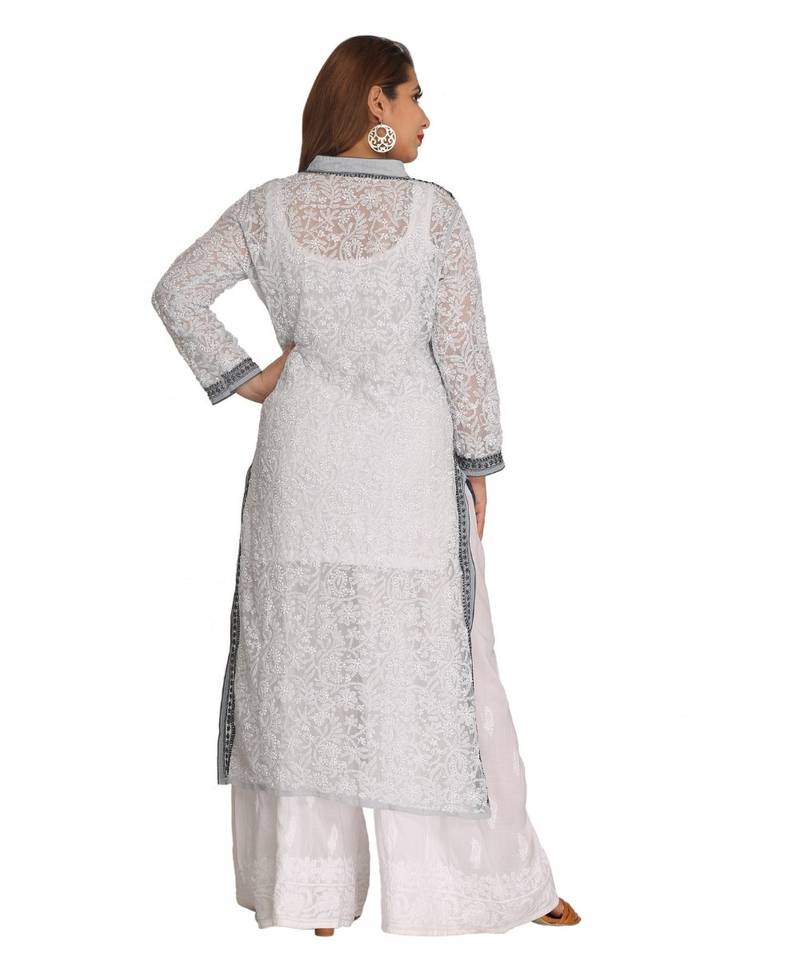 Ada Hand Embroidered Grey Faux Georgette Lucknowi Chikan Kurti