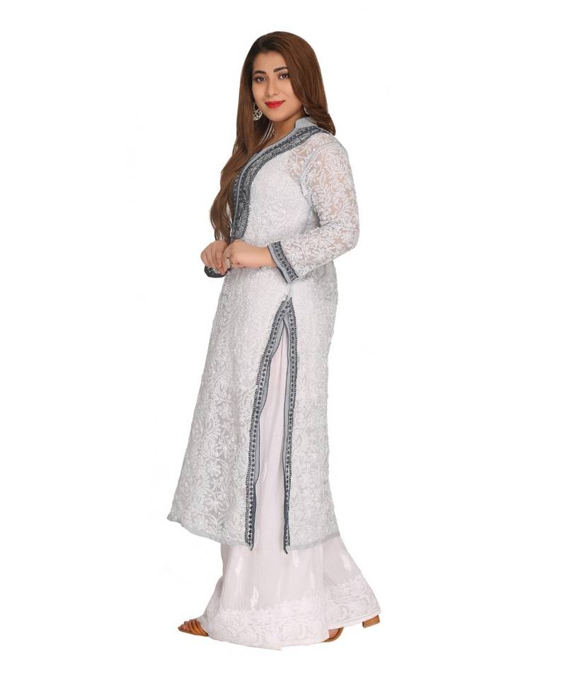 Ada Hand Embroidered Grey Faux Georgette Lucknowi Chikan Kurti