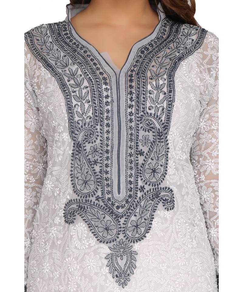 Ada Hand Embroidered Grey Faux Georgette Lucknowi Chikan Kurti