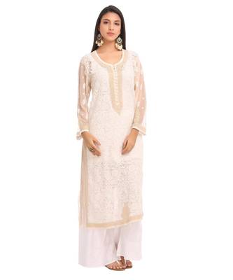 Ada Hand Embroidered Fawn Faux Georgette Lucknow Chikankari Kurti 1