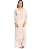 Ada Hand Embroidered Fawn Faux Georgette Lucknow Chikankari Kurti