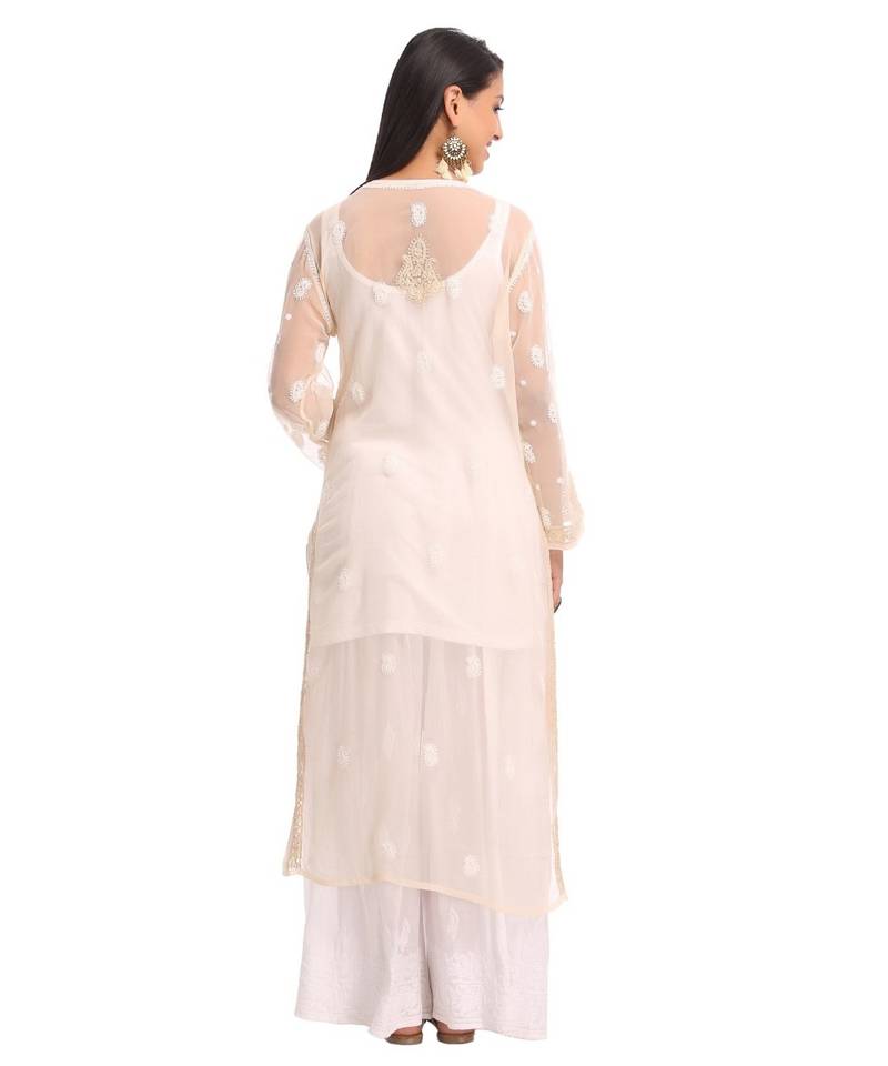Ada Hand Embroidered Fawn Faux Georgette Lucknow Chikankari Kurti