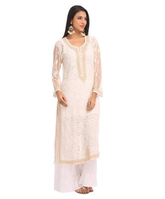 Ada Hand Embroidered Fawn Faux Georgette Lucknow Chikankari Kurti 3