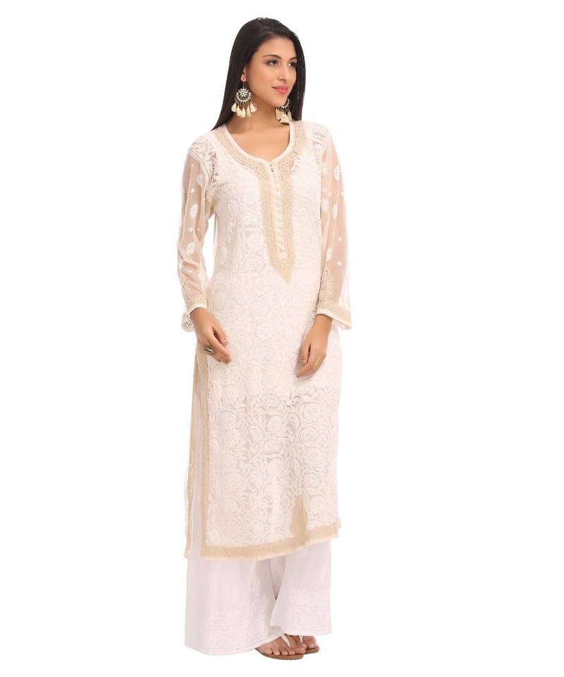 Ada Hand Embroidered Fawn Faux Georgette Lucknow Chikankari Kurti