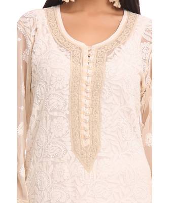 Ada Hand Embroidered Fawn Faux Georgette Lucknow Chikankari Kurti 4