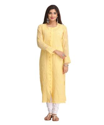 Ada Hand Embroidered Light Yellow Faux Georgette Lucknow Chikan Kurti 1