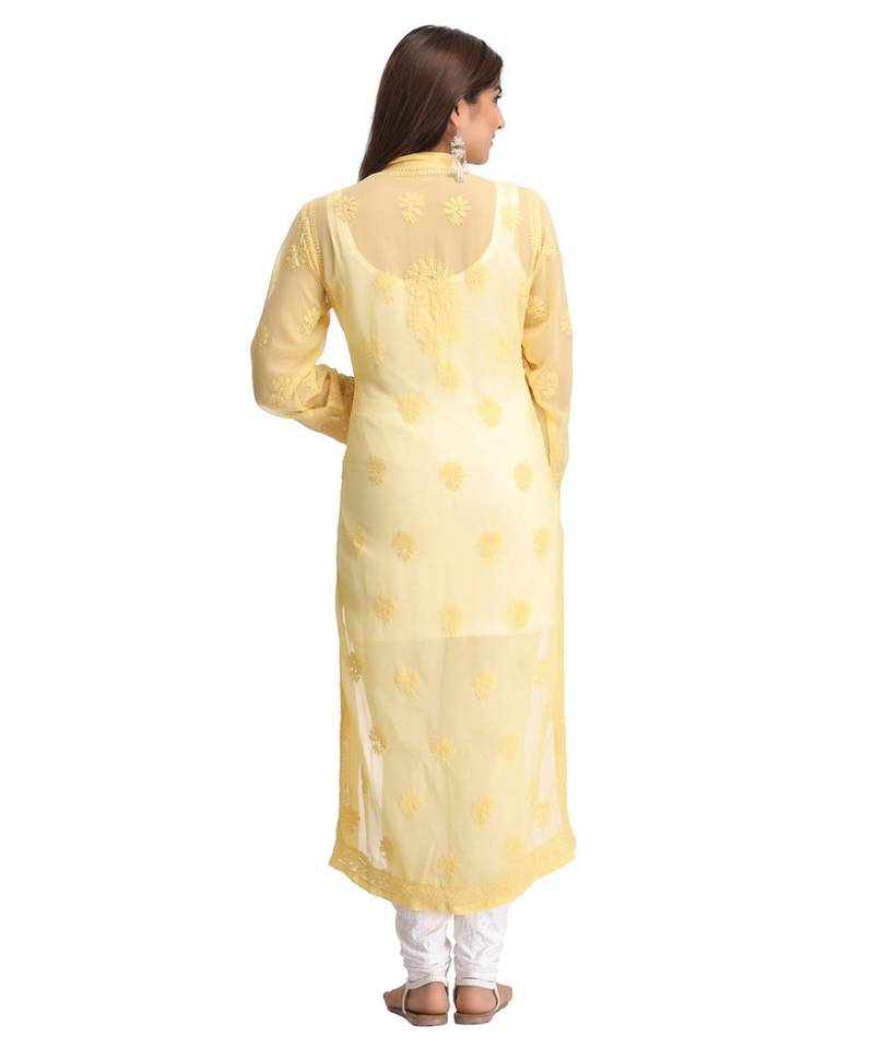 Ada Hand Embroidered Light Yellow Faux Georgette Lucknow Chikan Kurti