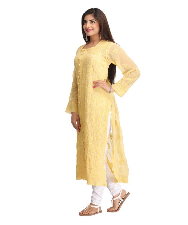 Ada Hand Embroidered Light Yellow Faux Georgette Lucknow Chikan Kurti