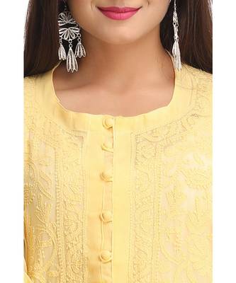 Ada Hand Embroidered Light Yellow Faux Georgette Lucknow Chikan Kurti 4