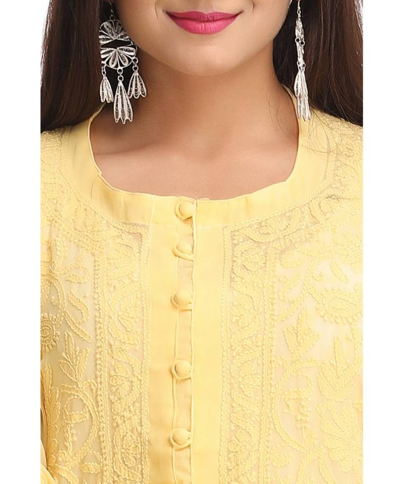Ada Hand Embroidered Light Yellow Faux Georgette Lucknow Chikan Kurti