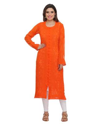 Ada Hand Embroidered Orange Faux Georgette Lucknow Chikan Kurti 1