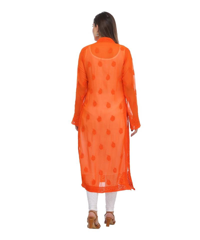 Ada Hand Embroidered Orange Faux Georgette Lucknow Chikan Kurti
