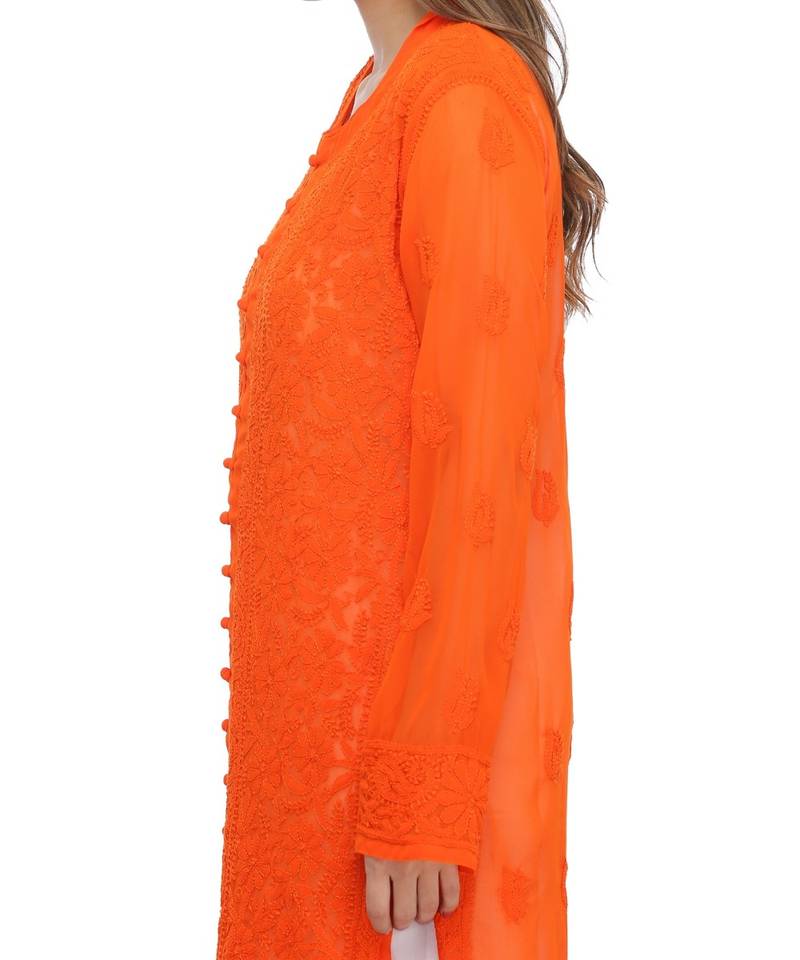 Ada Hand Embroidered Orange Faux Georgette Lucknow Chikan Kurti