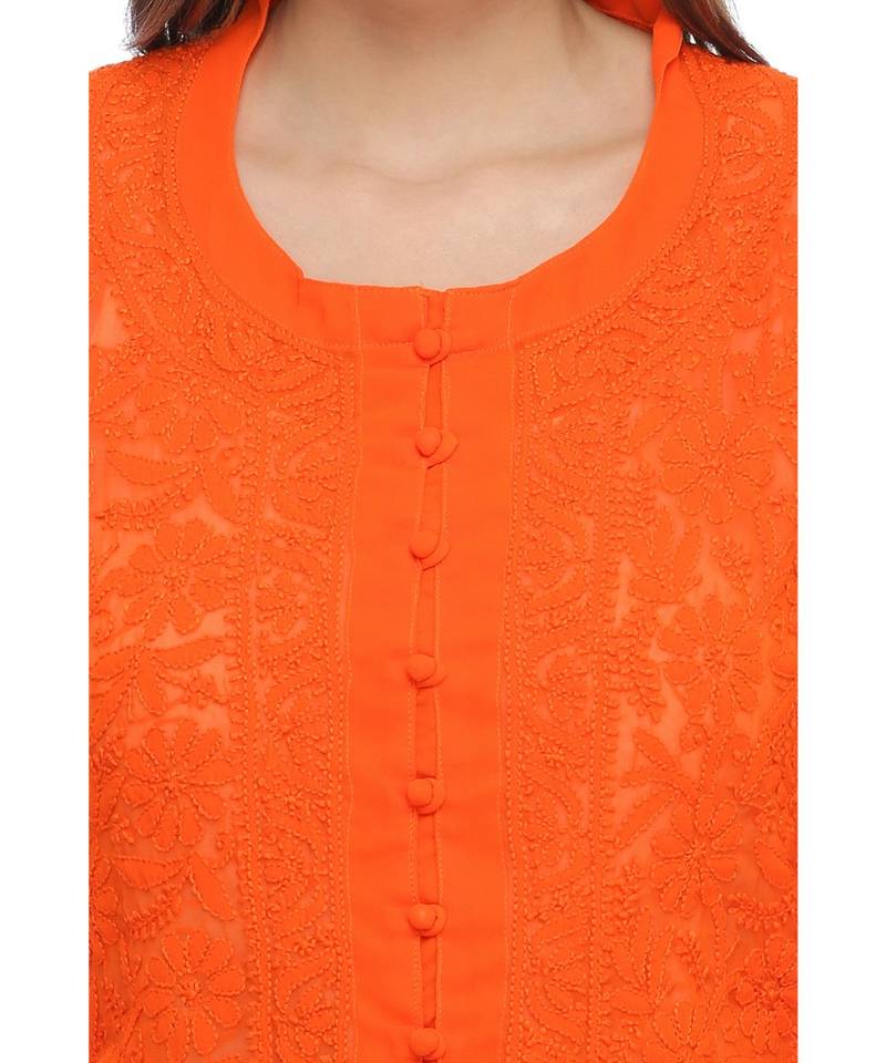 Ada Hand Embroidered Orange Faux Georgette Lucknow Chikan Kurti