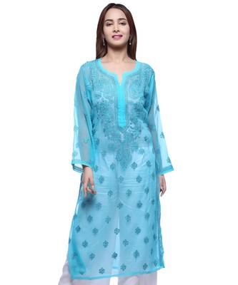 Ada Hand Embroidered Blue Faux Georgette Lucknowi Chikankari Kurti 1