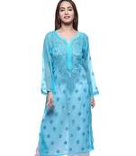 Ada Hand Embroidered Blue Faux Georgette Lucknowi Chikankari Kurti
