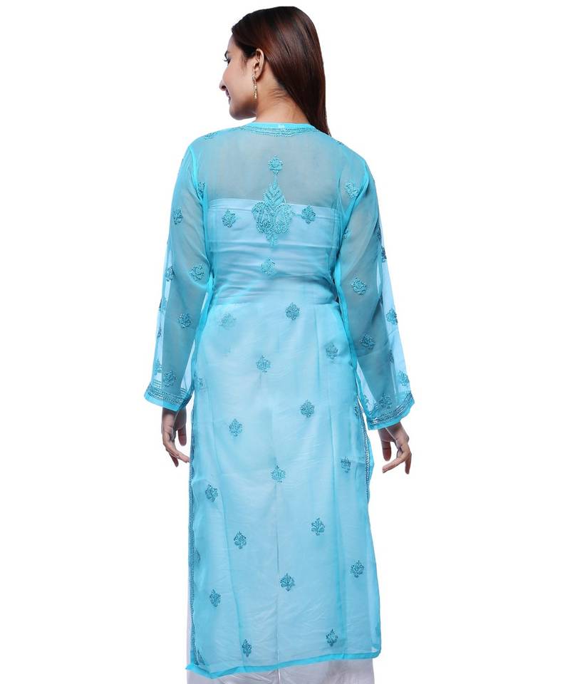 Ada Hand Embroidered Blue Faux Georgette Lucknowi Chikankari Kurti