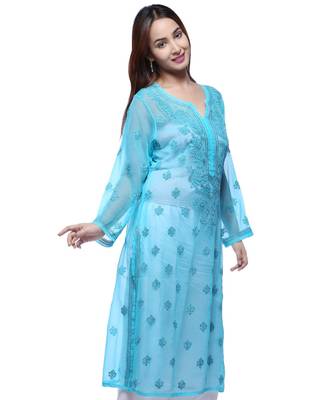 Ada Hand Embroidered Blue Faux Georgette Lucknowi Chikankari Kurti 3