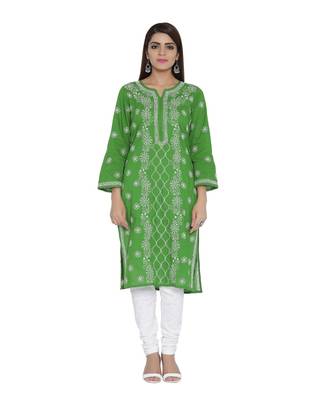 Ada Hand Embroidered Green Cotton Lucknow Chikankari Kurti 1