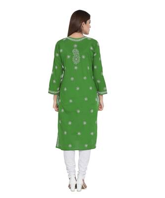 Ada Hand Embroidered Green Cotton Lucknow Chikankari Kurti 2