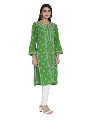 Ada Hand Embroidered Green Cotton Lucknow Chikankari Kurti 3