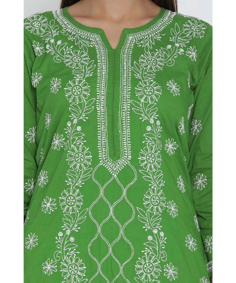 Ada Hand Embroidered Green Cotton Lucknow Chikankari Kurti