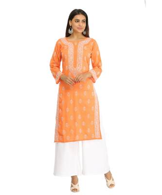 Ada Hand Embroidered Rust Cotton Lucknowi Chikan Kurti 2