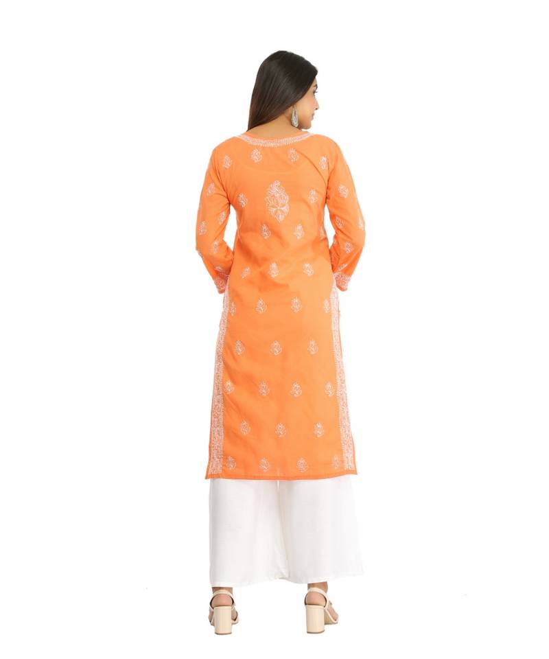 Ada Hand Embroidered Rust Cotton Lucknowi Chikan Kurti