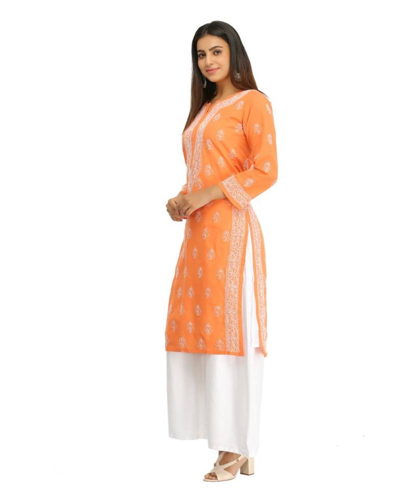 Ada Hand Embroidered Rust Cotton Lucknowi Chikan Kurti