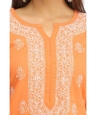 Ada Hand Embroidered Rust Cotton Lucknowi Chikan Kurti 5