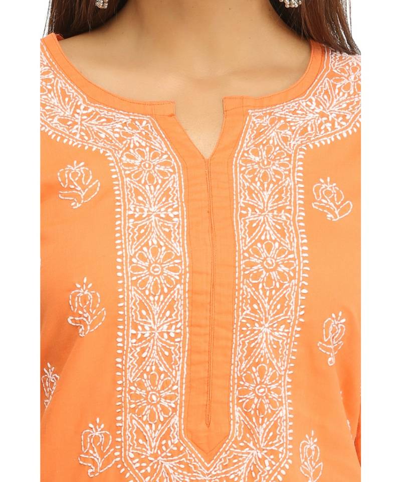 Ada Hand Embroidered Rust Cotton Lucknowi Chikan Kurti