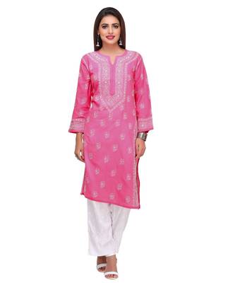 Ada Hand Embroidered Onion Pink Cotton Lucknow Chikan Women Kurta - A414011 1