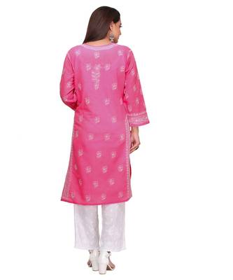 Ada Hand Embroidered Onion Pink Cotton Lucknow Chikan Women Kurta - A414011 2