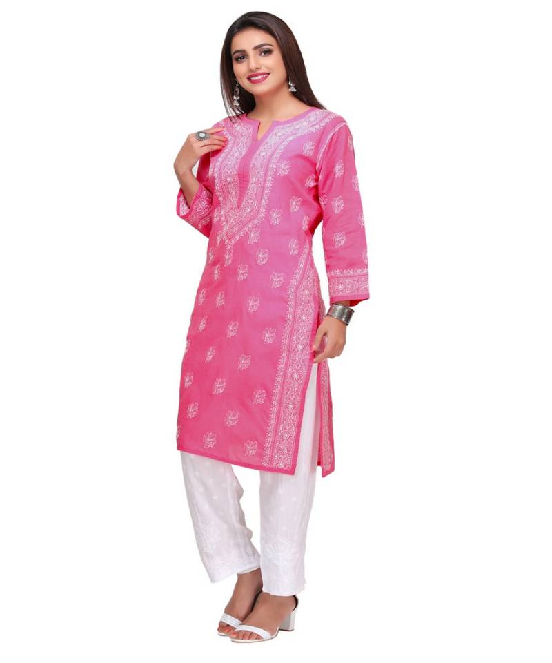 Ada Hand Embroidered Onion Pink Cotton Lucknow Chikan Women Kurta - A414011