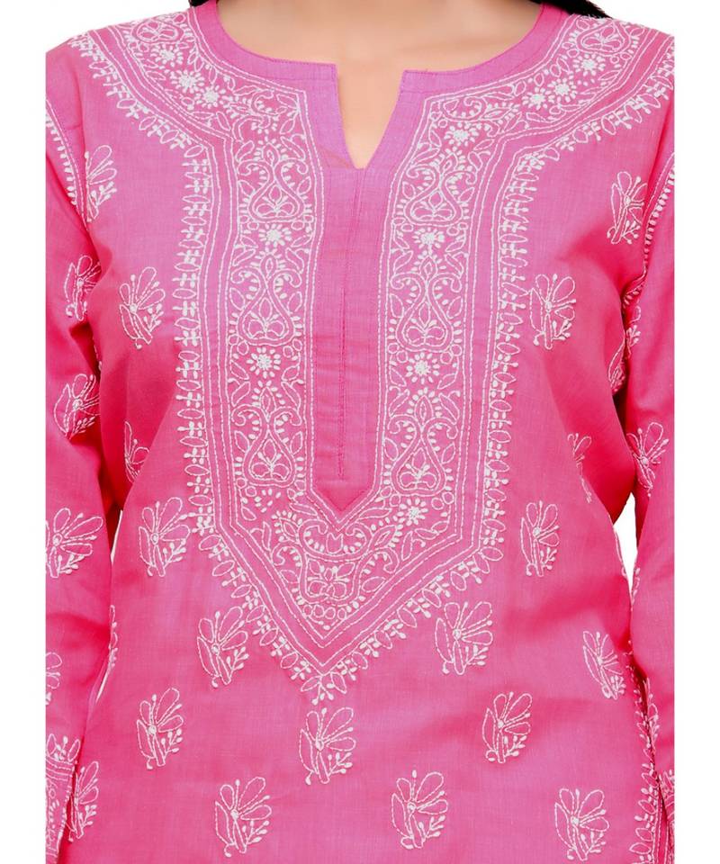Ada Hand Embroidered Onion Pink Cotton Lucknow Chikan Women Kurta - A414011