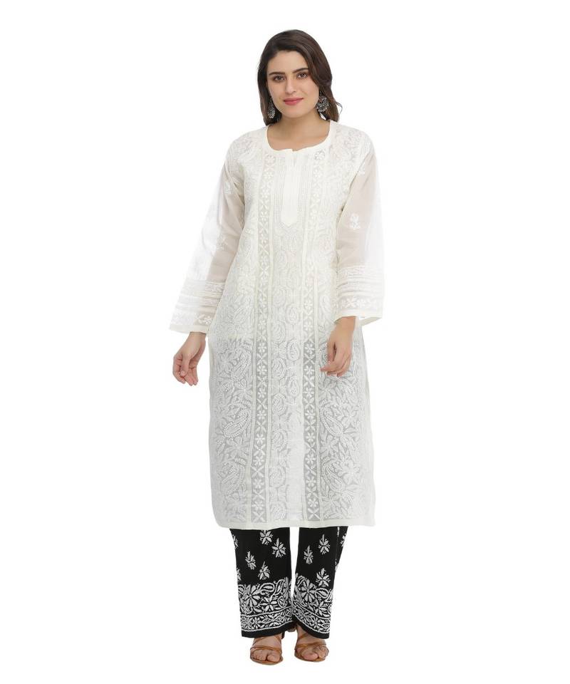 Ada Hand Embroidered Cream Cotton Lucknowi Chikan Kurti