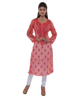 Ada Hand Embroidered Carrot Pink Faux Georgette Lucknowi Chikankari Kurti 2